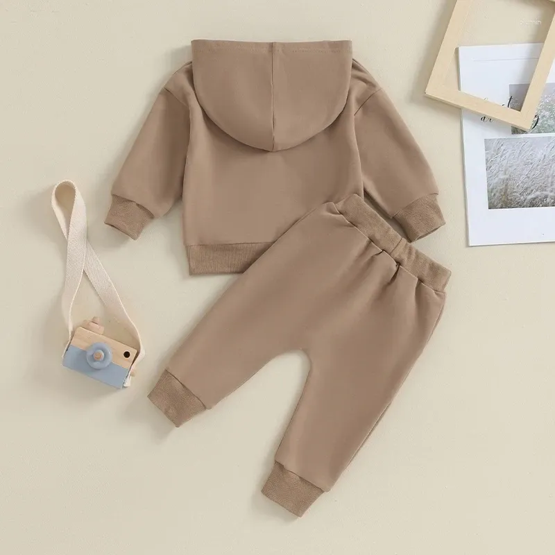 의류 세트 유아 아기 소년 소녀 의상 단색 후드가있는 포켓 후드 탑과 바지 세트 2pcs 가을 겨울 옷