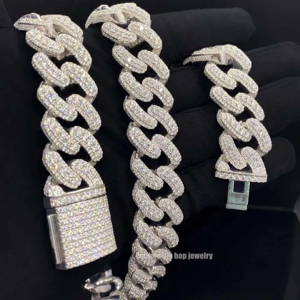 Helt Iced Out Moissanite Studded Hiphop Chain S925 Silver 20mm 3 rader Utmärkt Cut VVS1 Diamond Moissanite Cuban Necklace