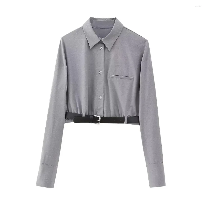 Women's Blouses Woman's Cropped Shirts 2024 Fashion Grey Blouse Women Vintage Long Sleeves Shirt Top Ladies Elegant Metal Belt Hem