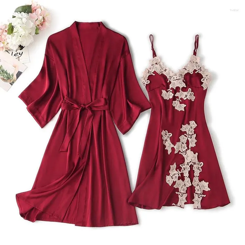 Damen-Nachtwäsche, Sommer, 2 Stück, Nachthemd, Bademantel, Schlafanzug, sexy Damen-Satin-Robe, Kleid-Sets, Spitze, Blumen-Nachthemd, Kimono, Zuhause