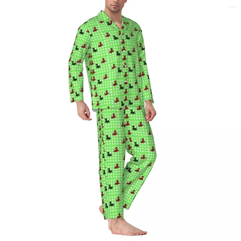 Herren-Nachtwäsche, Pyjama-Sets mit Hundemuster, Scottie Dogs, schönes Paar, langärmelig, lockere Nacht, 2-teiliger Heimanzug, große Größe