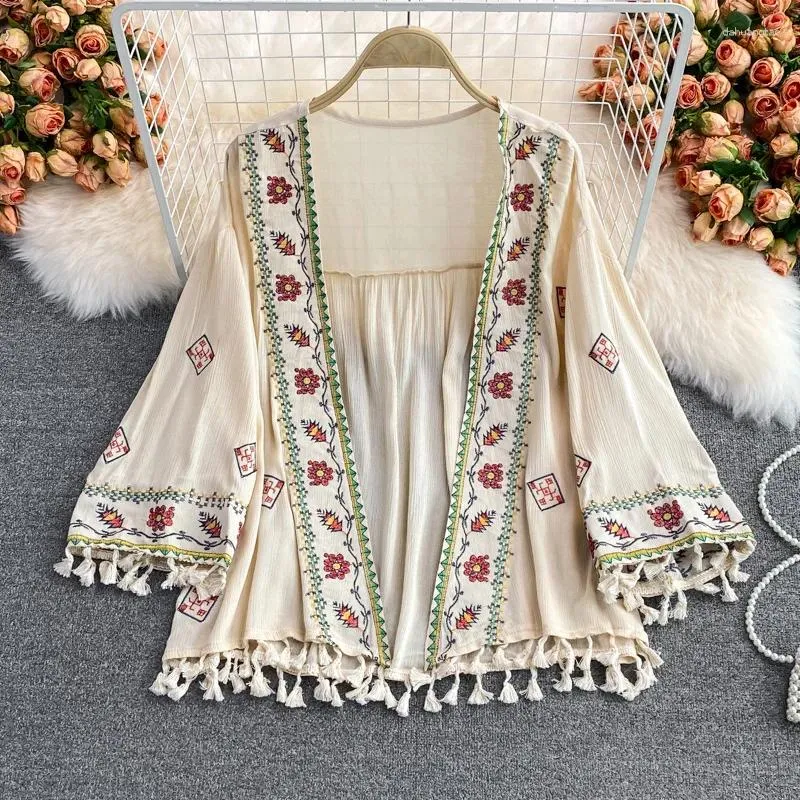 Women's Knits Summer Shirt Bohemian Holiday Style Embroidered Tassel Chiffon Cardigan Waist Female Slim Short Tops E015