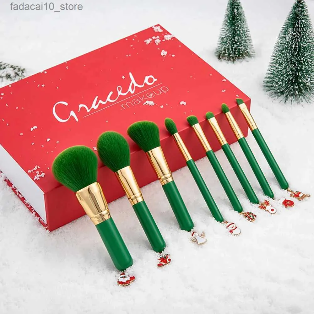 Makeup Brushes 8PCS Christmas Gift Pendant Type Makeup Brushes Set Green Professional Loose Powder Eye Shadow Brush Lip Blush Beauty Tool Q240126