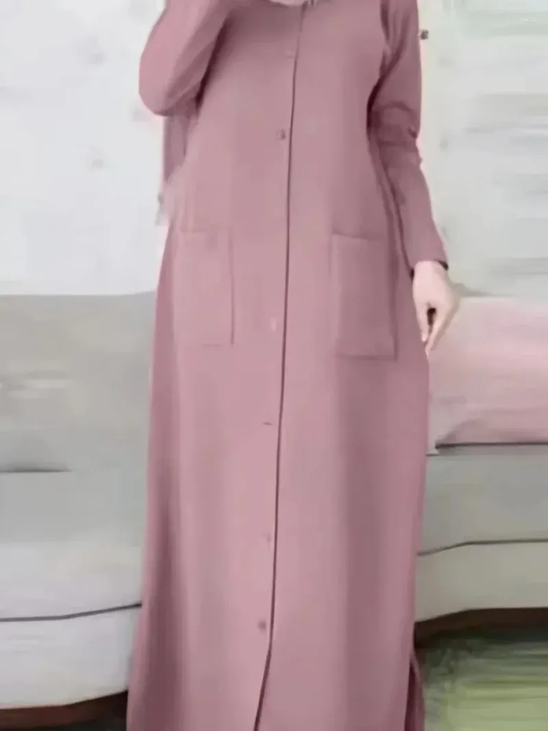 Ethnische Kleidung Ramadan Frauen Eid Muslim Kleid Modest Taschen Marokko Party Kleider Dubai Einreiher Knopf Vestidos Lange Robe Abaya