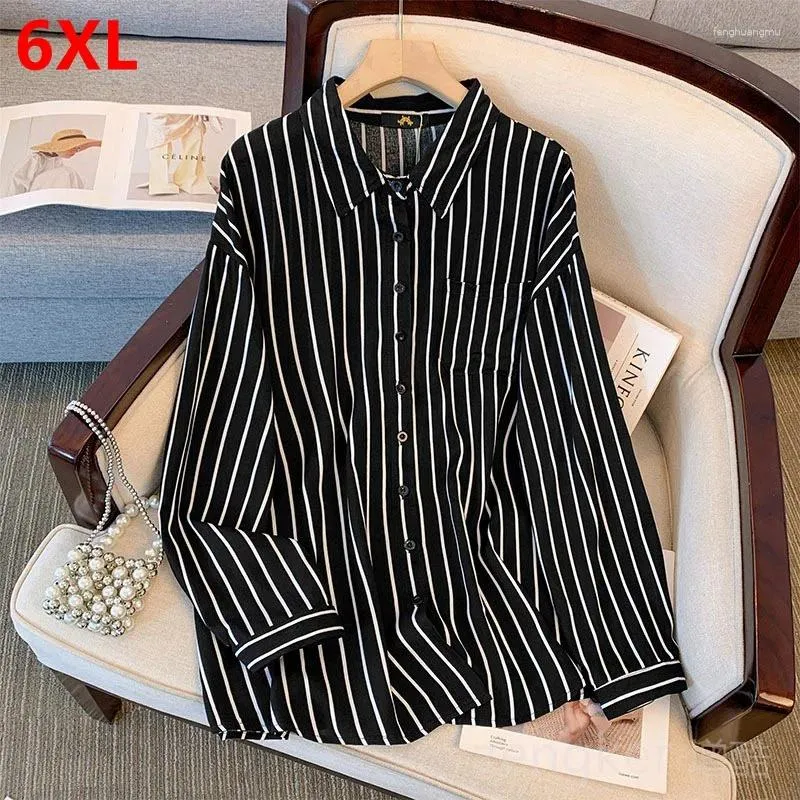 Frauen Blusen Große Größe Gestreiften Casual Shirt Langarm Top Schwarz 2024 Herbst Koreanische Jacke Frauen 6XL 5XL