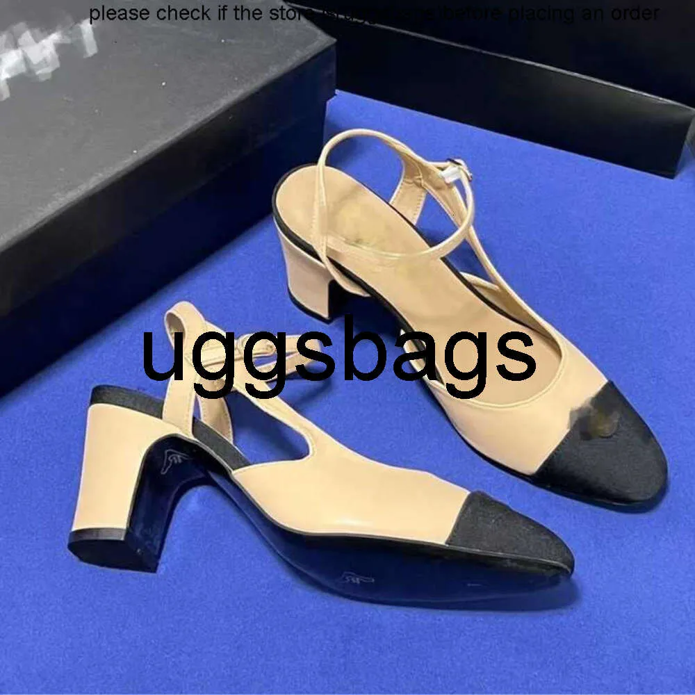 Hochwertige Kanal Heels Beige High Black Block Sandalen Frauen Damen Modeschuhe echte Ledermarke Formal Chunky Heel Slingbacks Designer mit mittlerem Heeled Sand