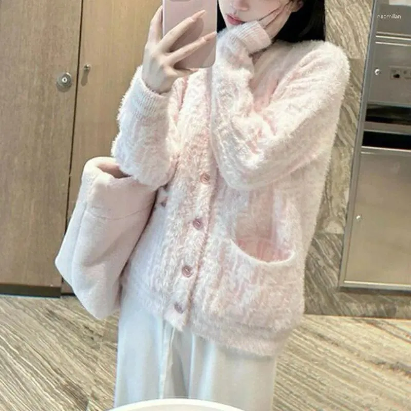 Women's Knits Sweet Gentle Kawaii Vintage Sweater Jacket V Neck Big Pockets Age Reducing Outerwear Single-breasted Knit Chic Cardigan Women