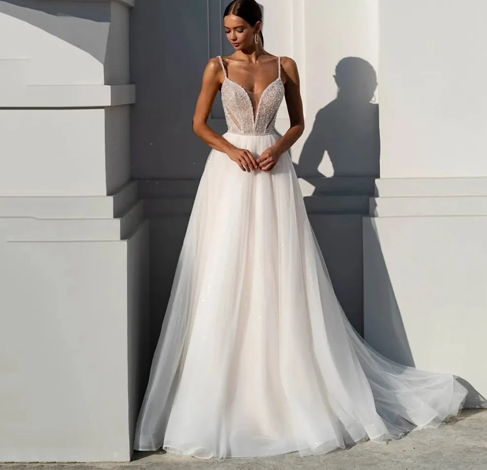 Boho Spaghetti strap wedding dress with Beading Sequins and Spaghetti Straps - V-neck A-line Princess Style for Formal Occasions - Vestido de Novia Boho Spaghetti strap wedding dress with Beading Sequins and Spaghetti Straps - V-neck A-line Princess Style for Formal Occasions - Vestido de Novia