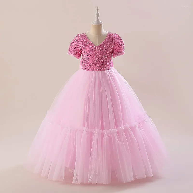 Girl Dresses Ballgown Pink Short Sleeves V Neck Wedding Party Gowns Luxury Children Sequins Formal Evening Show Performance