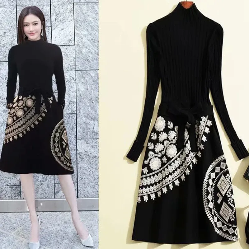 High Quality Autumn Winter New Knit Embroidery Print Women'S Fashion Party Office Vintage Elegant Black Long Sleeve Midi Dress