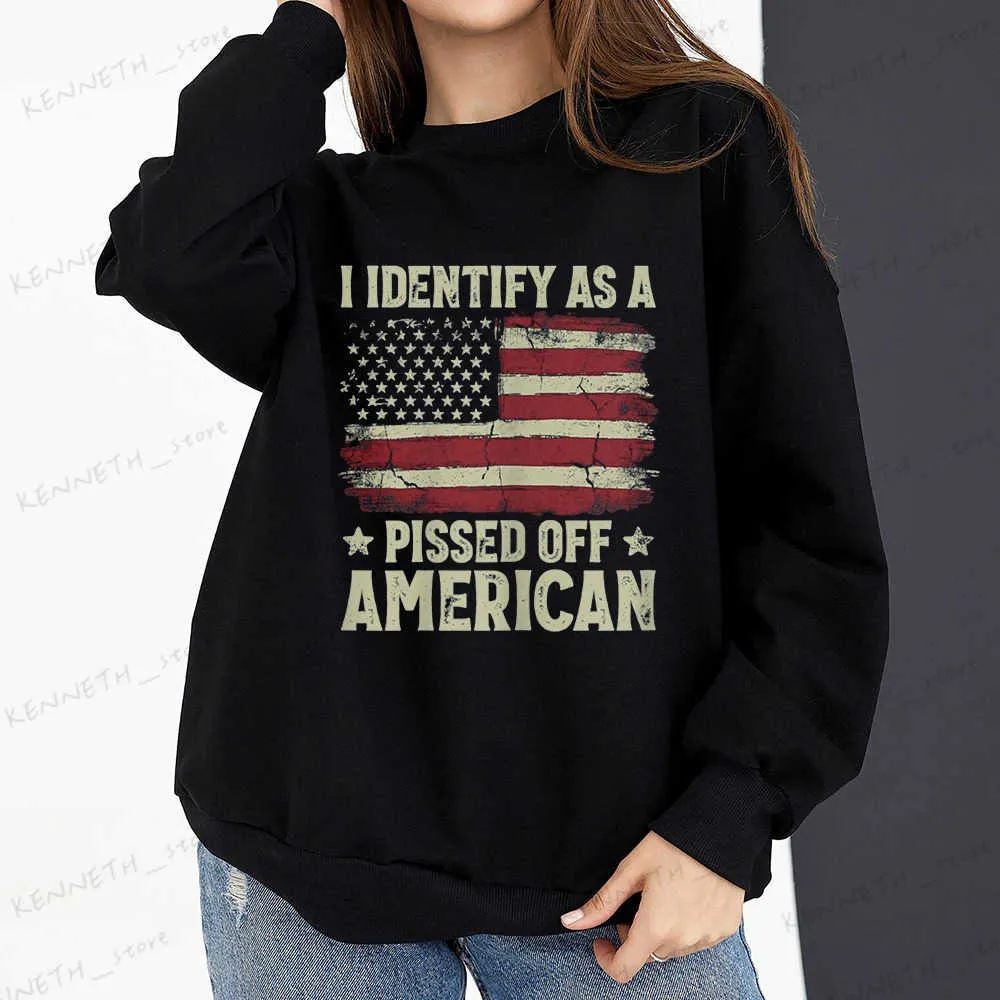 Sweats à capuche pour hommes Sweatshirts Vintage drapeau américain je m'identifie comme une femme américaine énervée sweat-shirt mode à manches longues col rond hauts pulls à capuche T240126