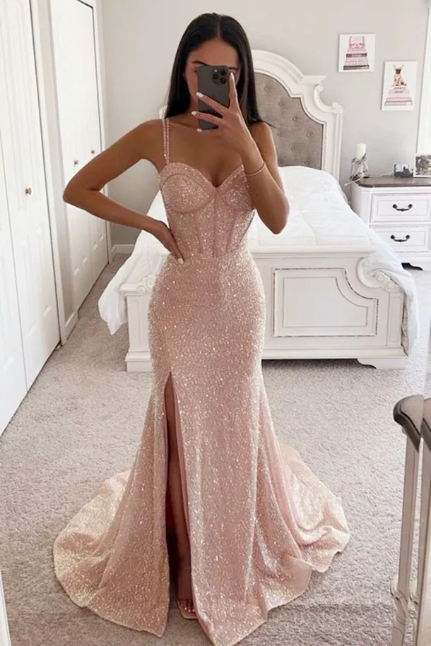 Pink Sequins Prom Dresses Spaghetti Straps Evening Gowns with Slit Backless Formal Evening Party Dress