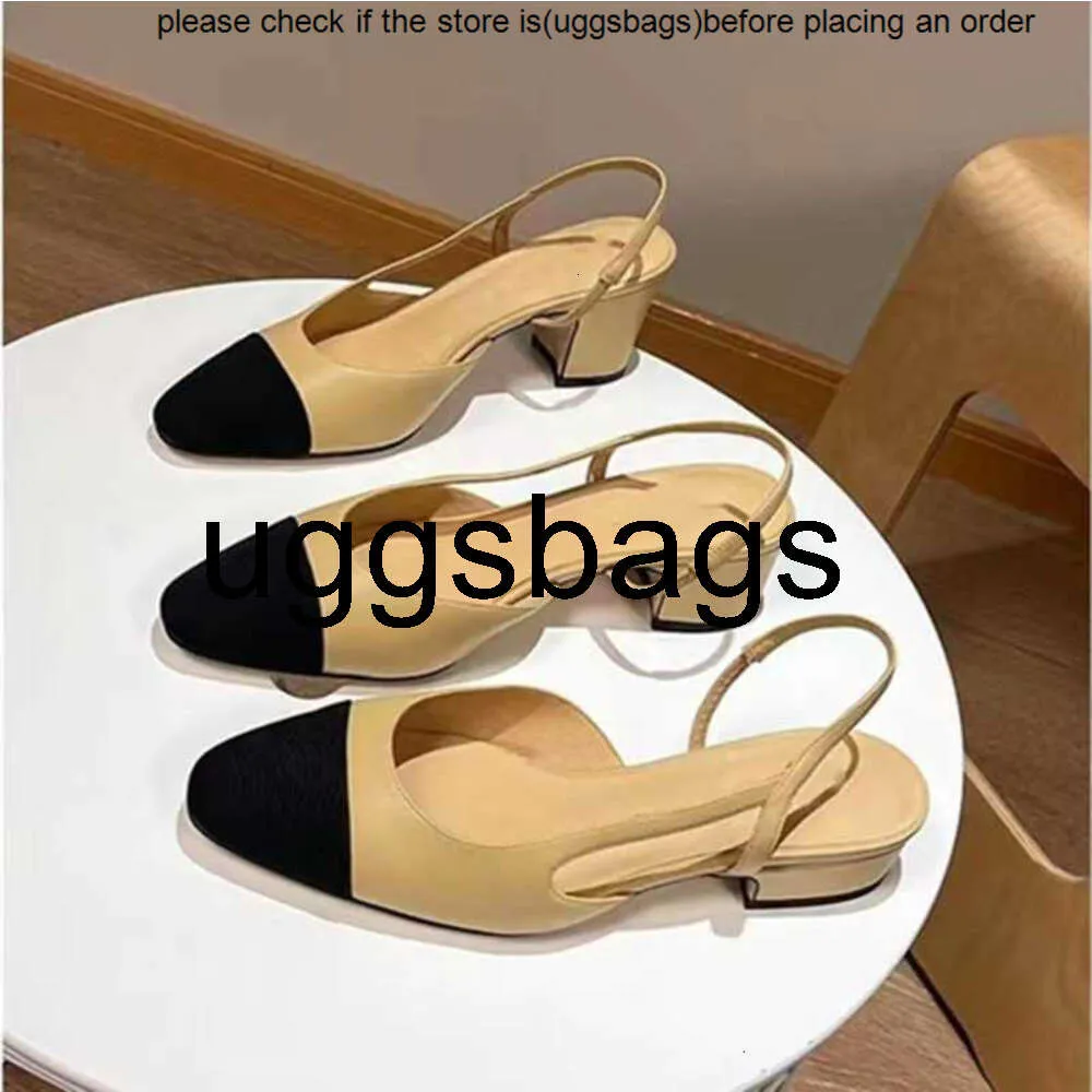 Chanells shoe c Channel Women Interlocking Dress Shoes Black Toe Strap Sandal Slingbacks Pumps Beige Color Mid Block Heels Office Mary Jane Zapatos Mujer Genuin