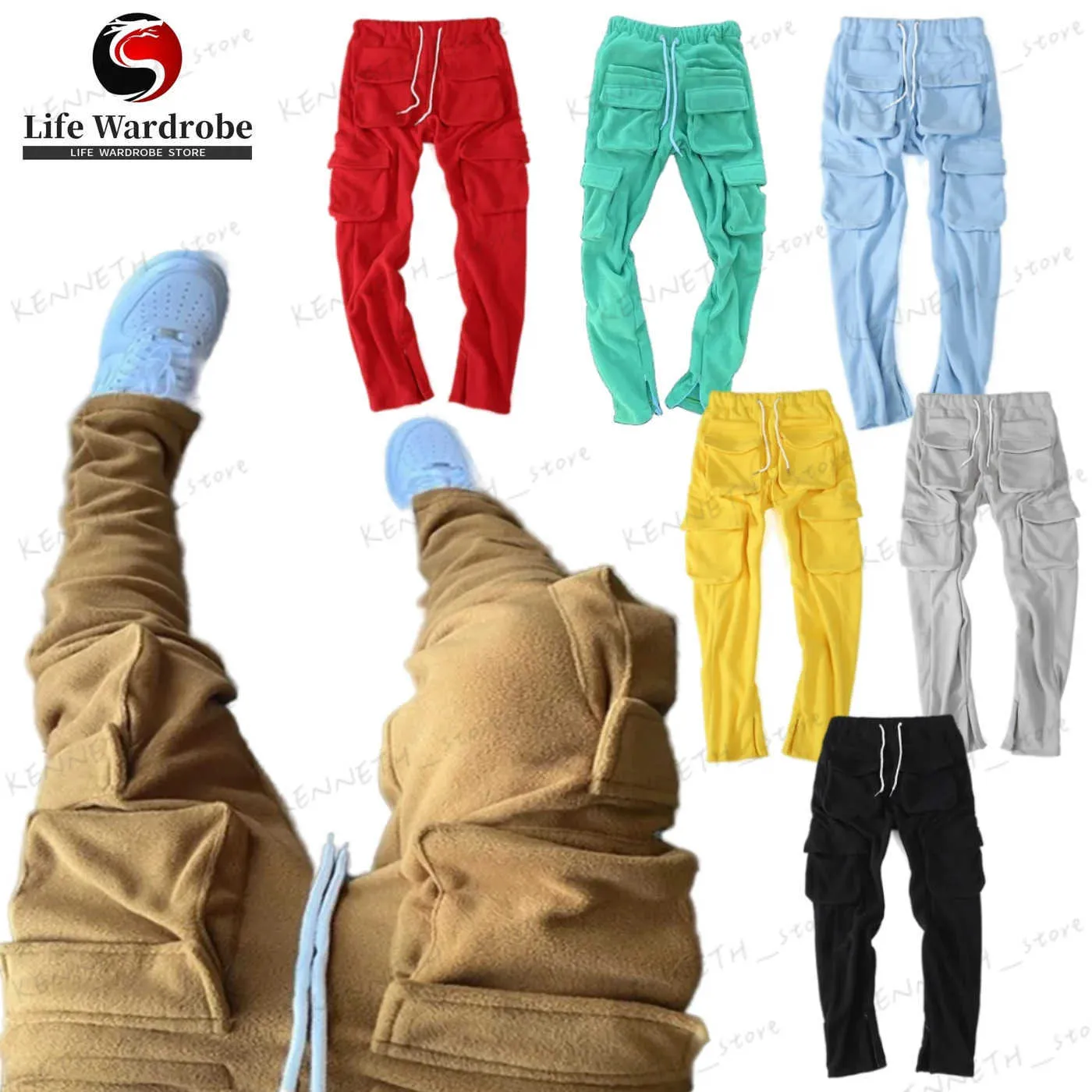 Men's Pants Stacked Jogger Cargo Sweatpants Thick fleece Pocket Track Pants Men clothing Top Selling Products 2024 clothes T240126