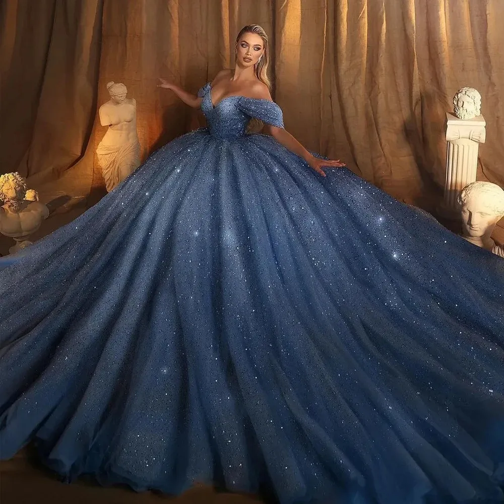 Sparkling Off-Shoulder Glitter dark blue wedding dress with Sequins - 2021 Collection