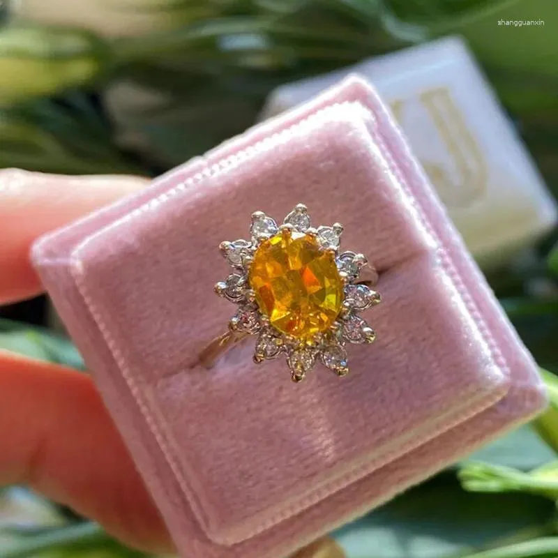 Anéis de cluster clássico topázio princesa em forma de flores cheias de diamantes anel de casal para mulheres amarelo prata-banhado presente de noivado jóias