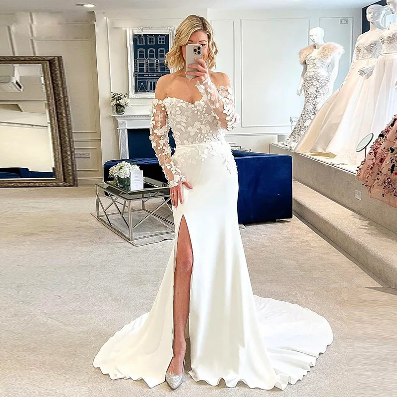 chinese dress ladies Off-Shoulder Long Sleeves Pearl Pleated Sheath Wedding Dress – Liymc main image 0