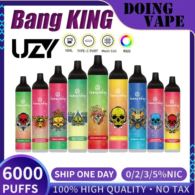 Original Uzy Bang King 6000 Puff Disposable E-cigaretter 0,8Hm Mesh Coil 14 ml POD Batteris uppladdningsbar elektronisk cigs Puff 6K 24-timmars fraktvapspenna