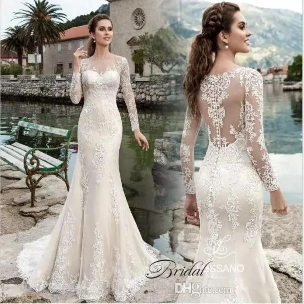 Zarif Uzun Kollu 2019 Denizkızı Gelinlik Robe De Mariage Dantelli Gelin Gowns Sheer Crew Neck Vintage Country Weddi2414