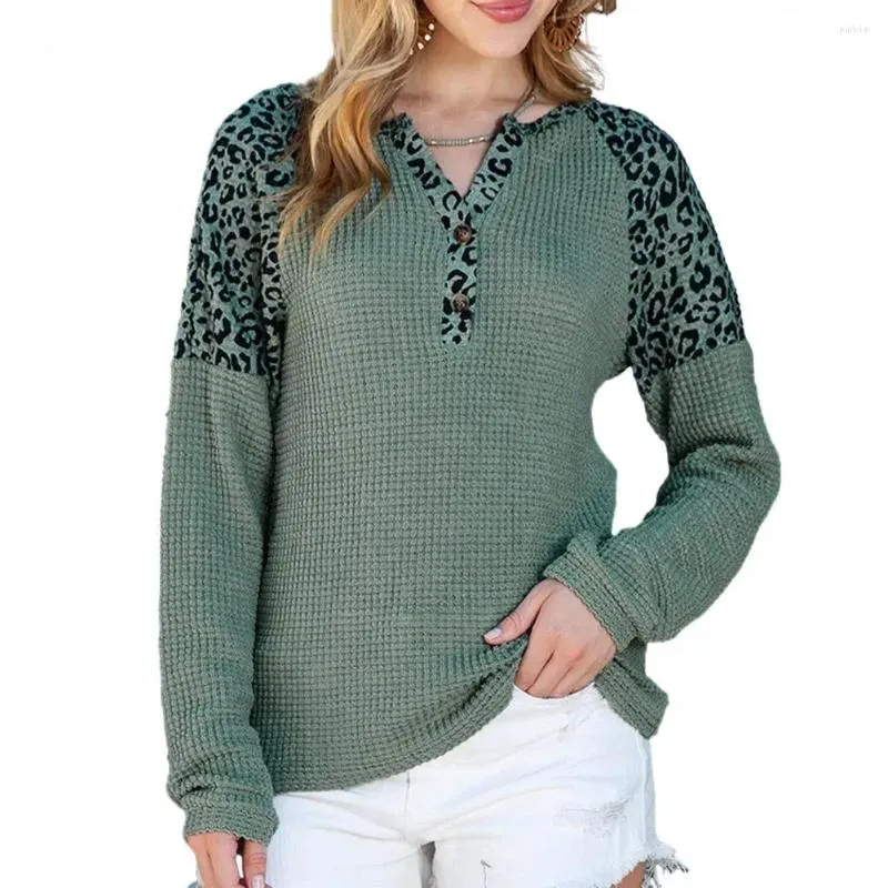 Women's Blouses Women Spring Top V Neck Knited Waffle Texture Leopard Print Contrast Color Loose Long Sleeve Pullover Lady T-shirt