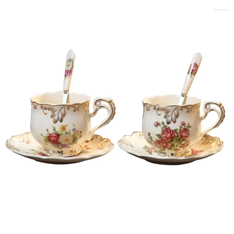 Cups Saucers Porcelain Flower Sea Ceramics Coffee Cup Hand Painted Rose Teas Dish And Spoon Drink Gift M6CE