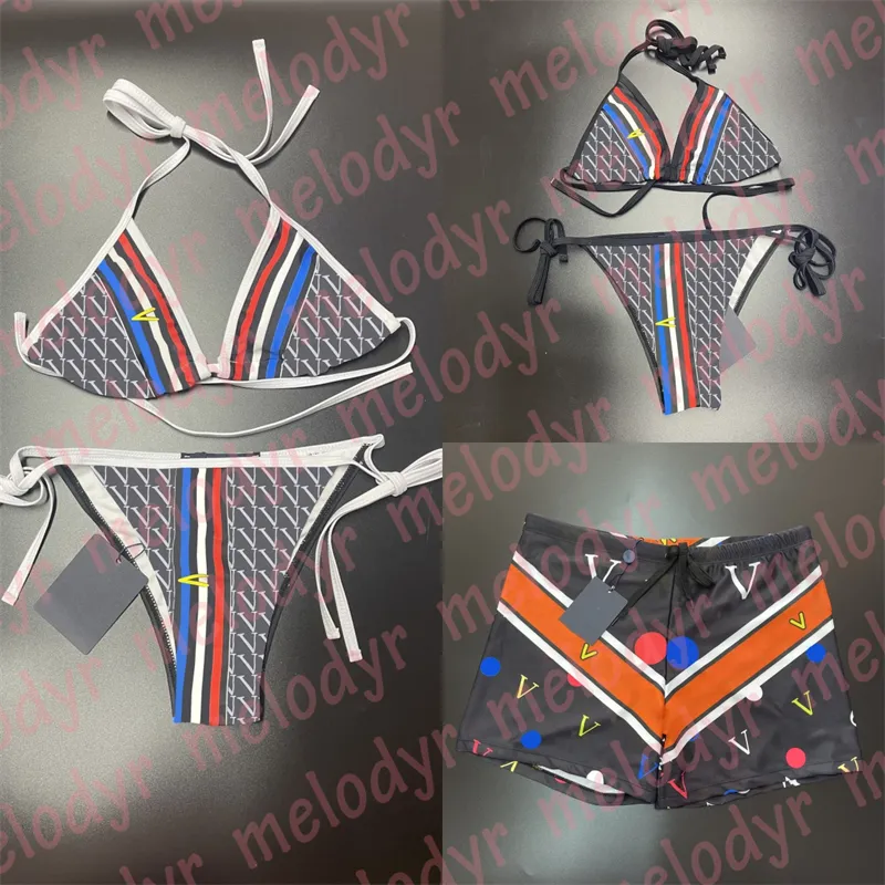 Brief Drucken Bikini Set Sommer Urlaub Paar Bademode Kontrast Farbe Biquinis für Frauen Elastische Taille Strand Shorts