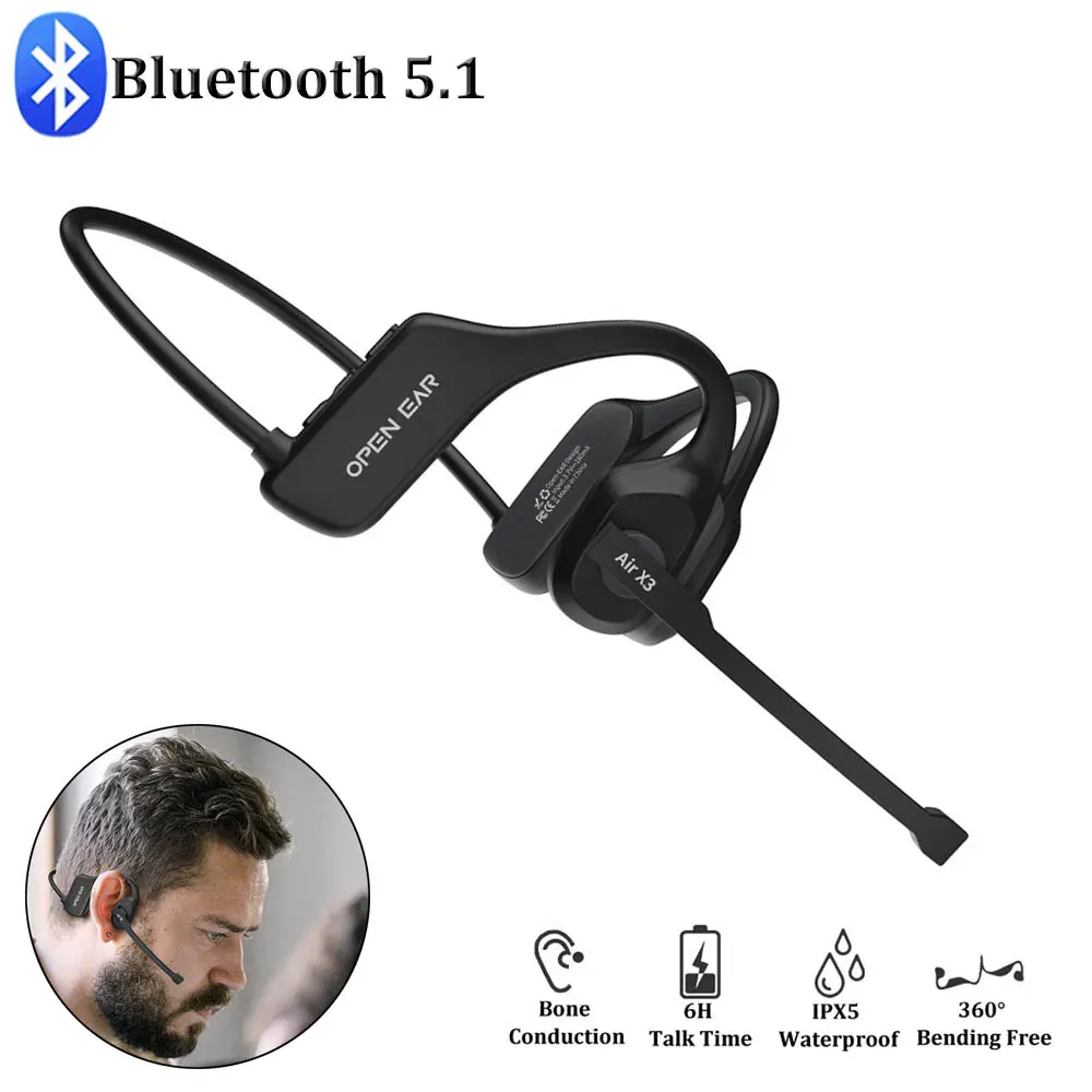 Produtos Fone de ouvido sem fio Bluetooth Fone de ouvido de condução óssea ao ar livre à prova d'água Esporte Gancho de ouvido aberto Não inear Fone de ouvido comercial com microfone