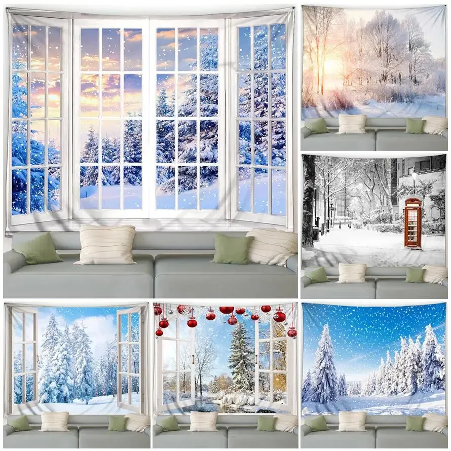 冬のタペストリーフォレストシーダーツリーサンシャインホワイトウィンドウ自然風景クリスマスウォールハンギングホームリビングルームベッドルーム装飾240118