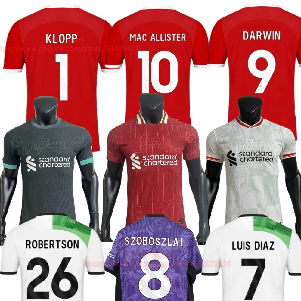 KLOPP SZOBOSZLAI Futebol Jerseys 23 24 MAC ALLISTER Top Thai Qualidade Home Vermelho Away Roxo Kit de Futebol Camisas 3XL 4XL Fan Player Versão Homens Crianças Uniforme