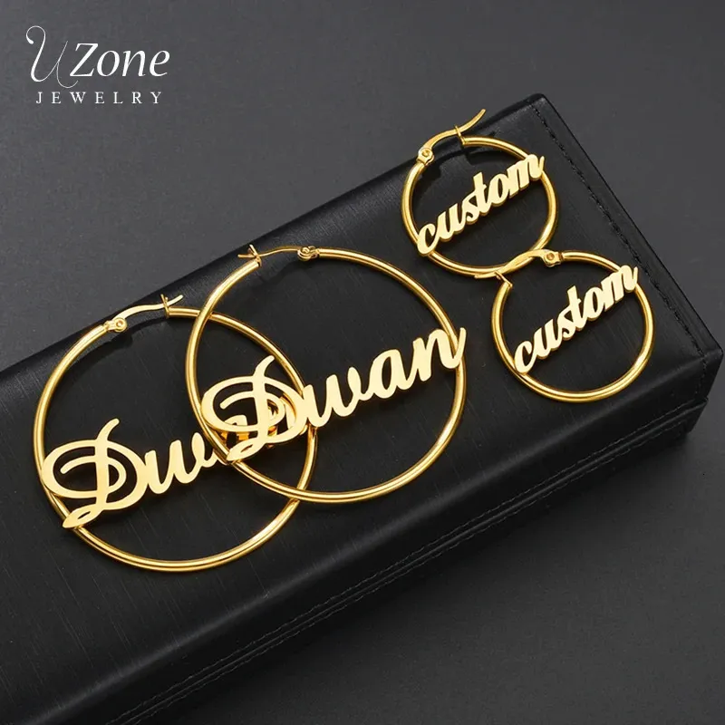 UZone 1 paire en acier inoxydable nom personnalisé boucles d'oreilles cerceau personnalisé lettre cercle boucle d'oreille pour femmes filles fête d'anniversaire bijoux 240118