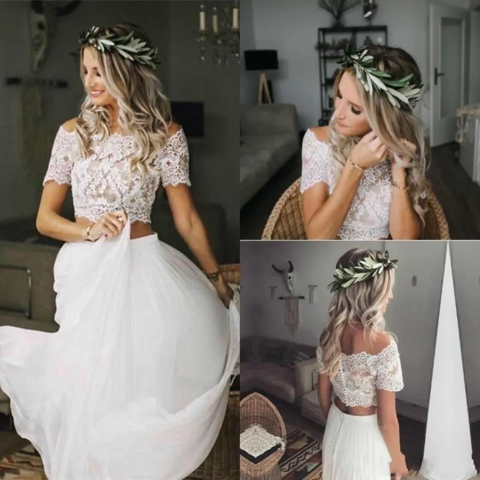 2021 Tweedelige Trouwjurken Een Lijn Korte Mouwen Chiffon Kant Applique Uit De Schouder Boho Strand Trouwjurk vestido de novi242m