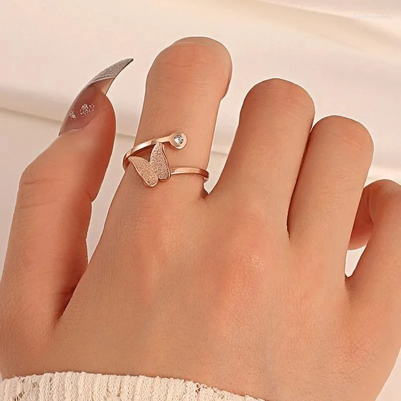 Cluster Rings Delicate Frosted Butterfly Ring For Women Trendy Double Layer Adjustable Zircon Jewelry Gifts Couple Items 2024