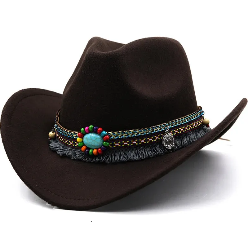 Wool Women's Men's Western Cowboy Hat For Gentleman Lady Jazz Cowgirl With Leather Cloche Church Sombrero Caps 240124