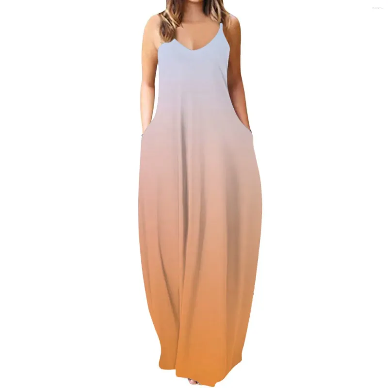 Casual Kleider Frauen Farbverlauf Gedruckt Lange Sommerkleid Urlaub Strand Party Spaghetti Strap Weibliche Dünne Maxi Kleid Mit Tasche Robe Femme