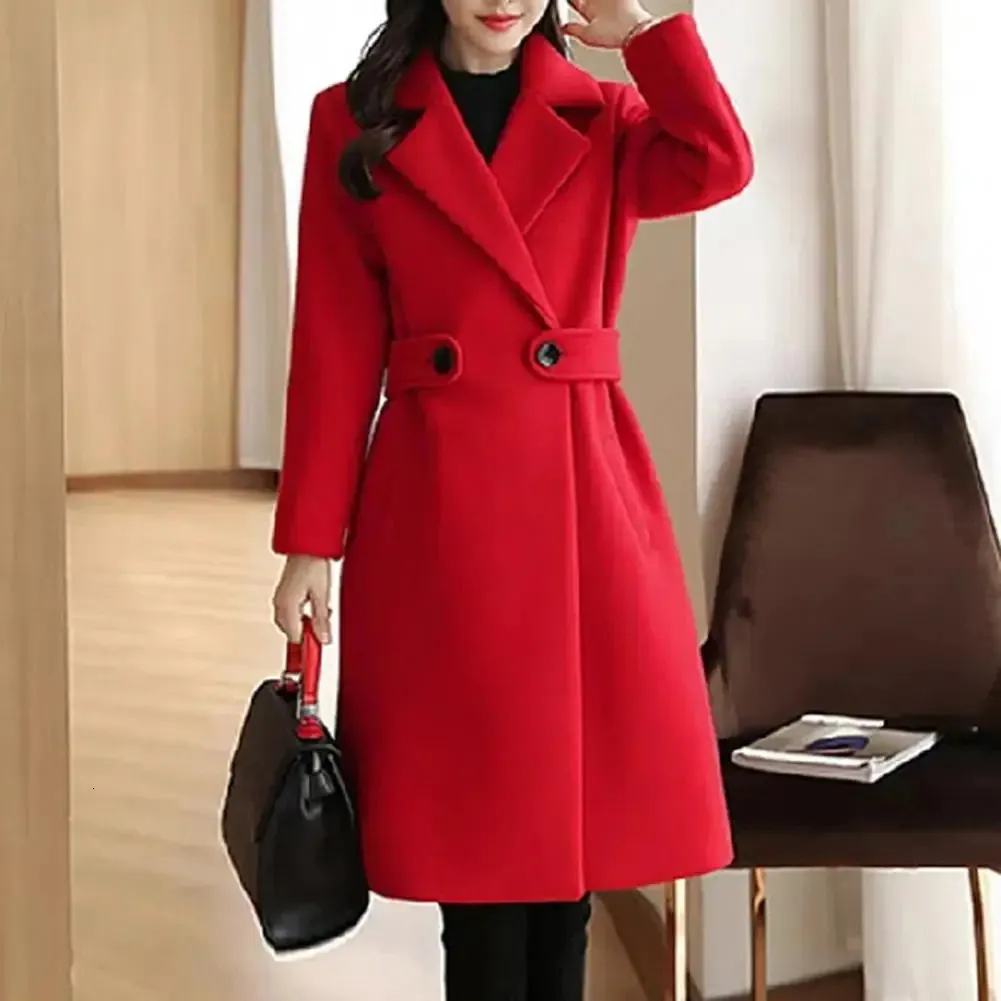 Woolen Coat Women Mid Length Belted Women Overcoat Windbreaker Woolen Coat Vintage Winter Suit Collar Coat Elegant Wool Coat 240122