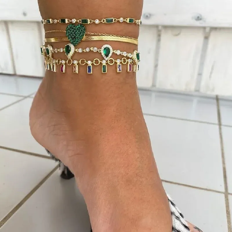 Gold Plated Green Rainbow rectangleCubic Zirconia Charm Geometric CZ Tennis Chain Summer Beach Anklet For Women 240125