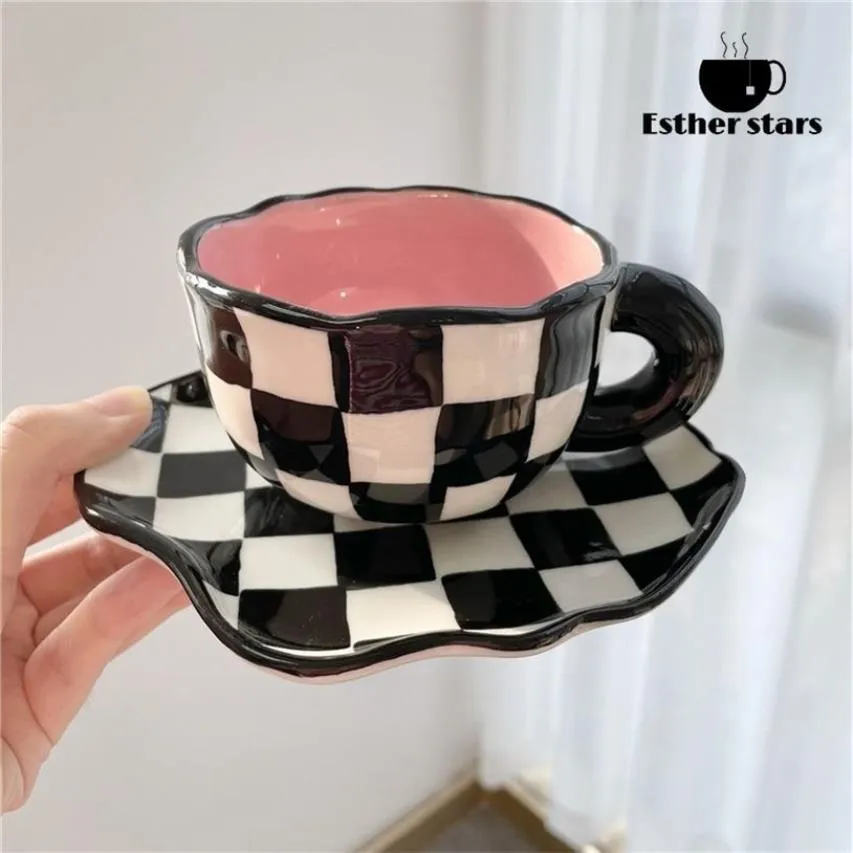 Tasses en céramique peintes à la main échiquier personnalisé conception originale tasse à café soucoupe pour thé lait cadeaux créatifs poignée Drinkware 2210D