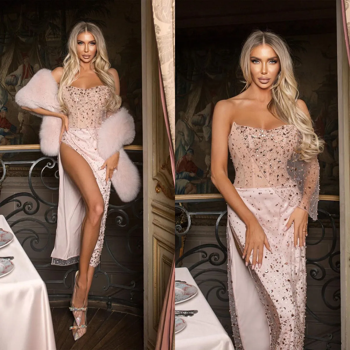 Designer Femmes Robes De Soirée Avec Wrap Bretelles Sans Manches Robes De Bal Cristal Split Robe Latérale Pour La Fête Sur Mesure Robe De Soirée