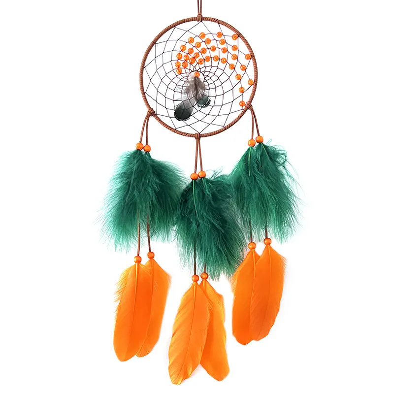 Dream Catcher Yeşil Kaz Tüyü ve Turuncu Türkiye Tüyü, Doğal Deri, Ev Yurt Dekoru için El Yapımı Dreamcatcher 1221234