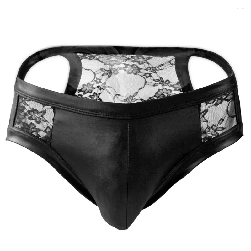 Mutande da uomo perizoma sexy vedere attraverso mini bikini slip in pizzo in pelle artificiale mutandine elastiche strette e traspiranti