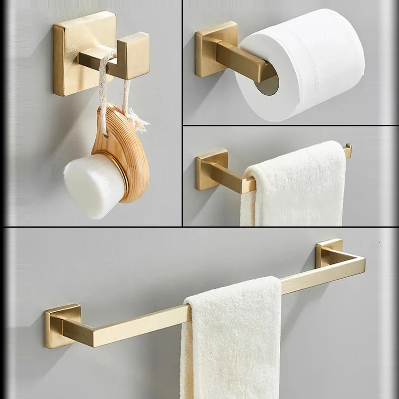 Set hardware oro spazzolato Mensola da bagno Porta asciugamani Porta accappatoio Porta rotolo di carta igienica Set di accessori da bagno neri 4 pezzi 240123