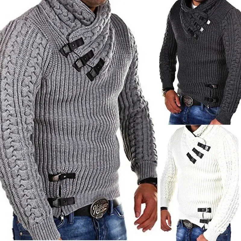 Maglioni Europa e Stati Uniti Maglione a maniche lunghe in pelle con fibbia in maglia Top Pullover Abbigliamento da uomo 240125