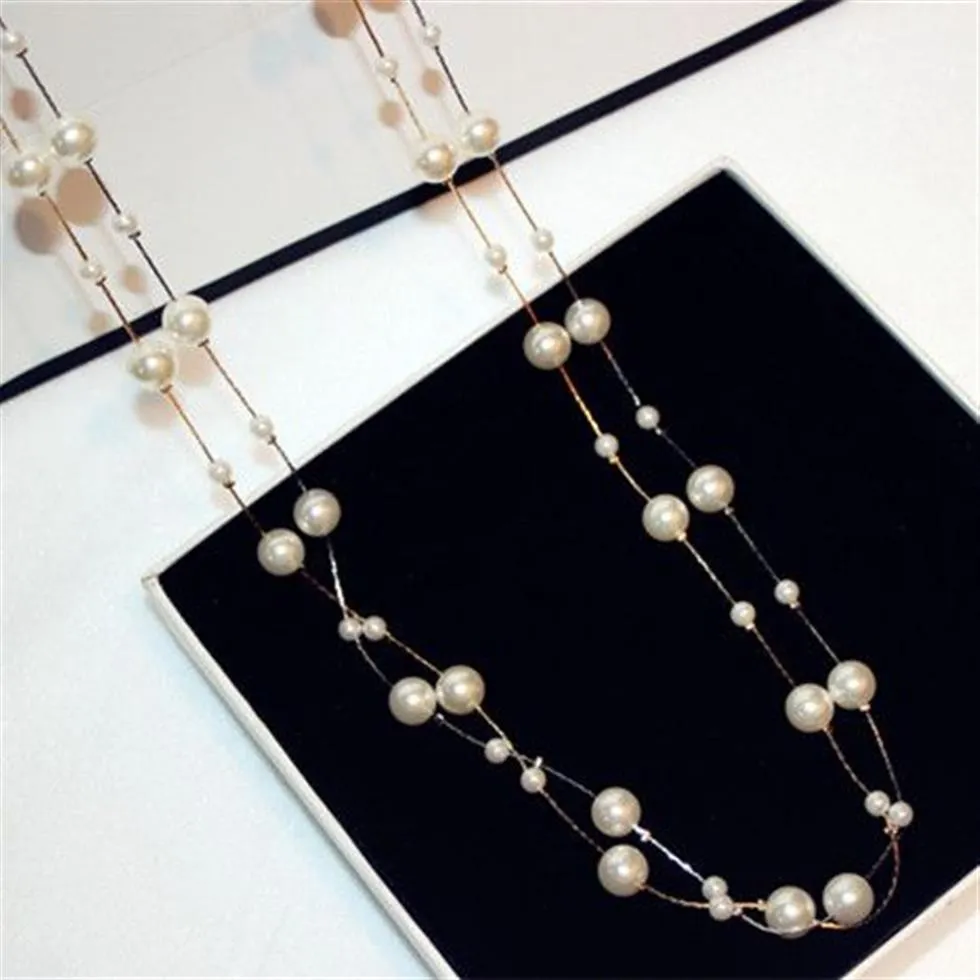 Herbst Winter koreanische Version im klassischen Stil Perlenpullover Kette lange Gold- und Silber-Doppelschicht-Statement-Halskette Frau289k