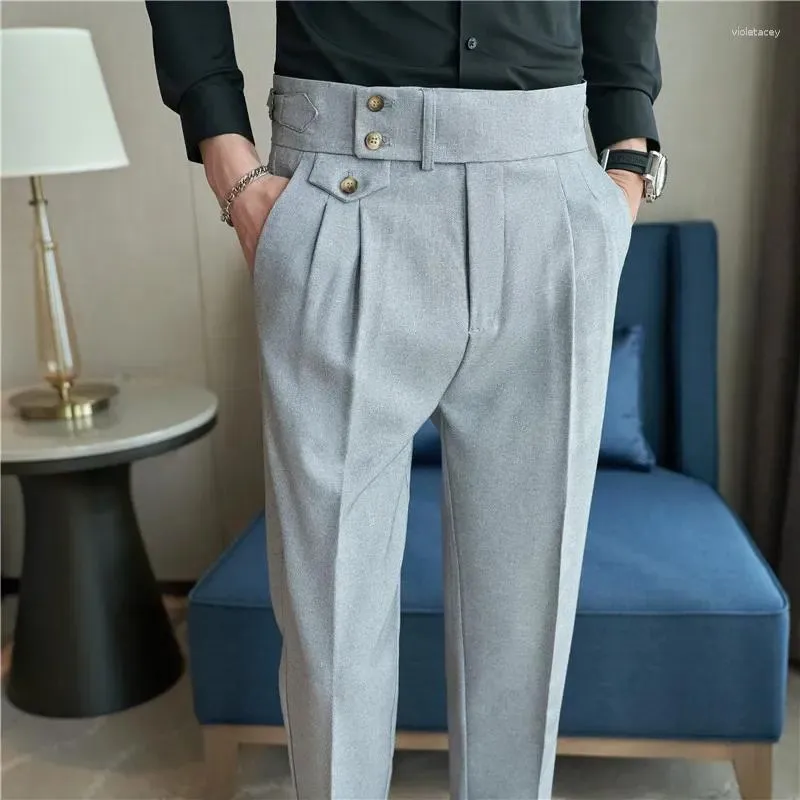 Men's Suits High Waist Men Suit Pants 2024 British Style Casual Dress Slim Fit Trousers Formal Office Wedding Party Pantalon Homme