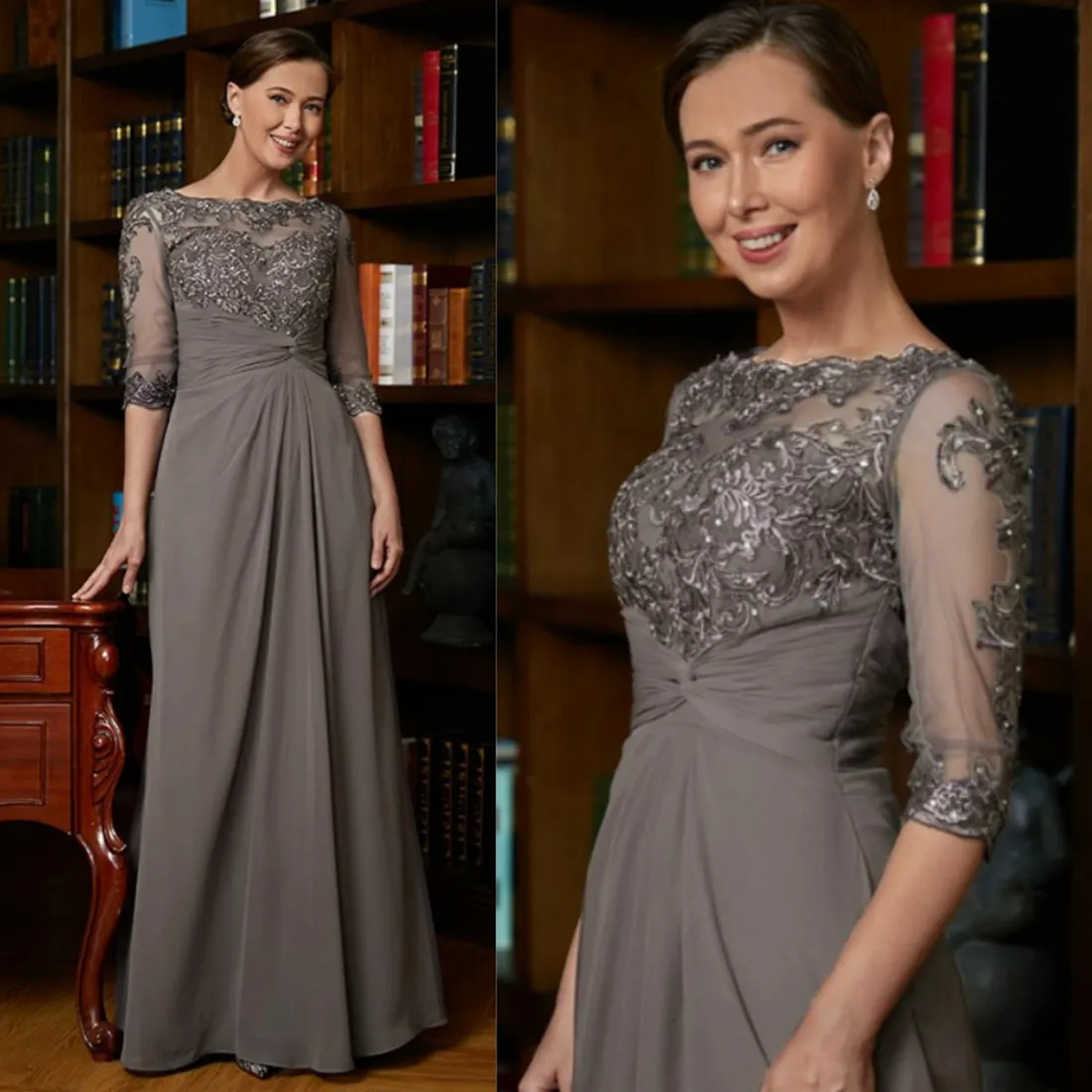 Elegant Silver Mother of the Bride Dress: Long Chiffon Gown, Lace &  Sequins, 3/4 Sleeves. Perfect for Weddings & Special Occasions! Shop Now  from Dhgate Mother's Dresses - price 118.2