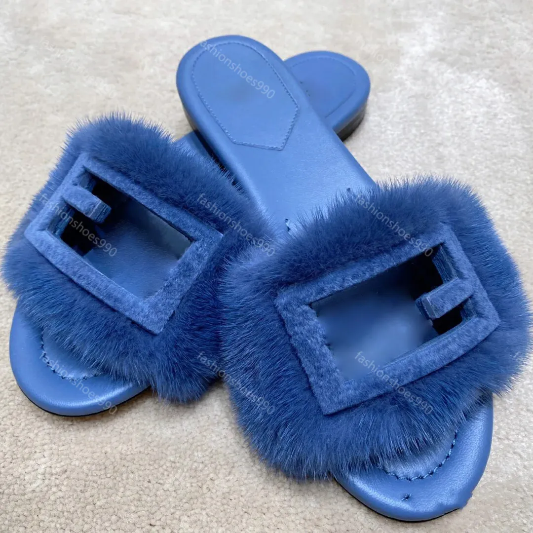 Real Mink Fur Slides Luxury Designer Slippers Women Shoes High Quality Casual Sandals Flip flops Lazy Flats Summer Beach Sandal Hollow out Buckle With Box 10A 35-42