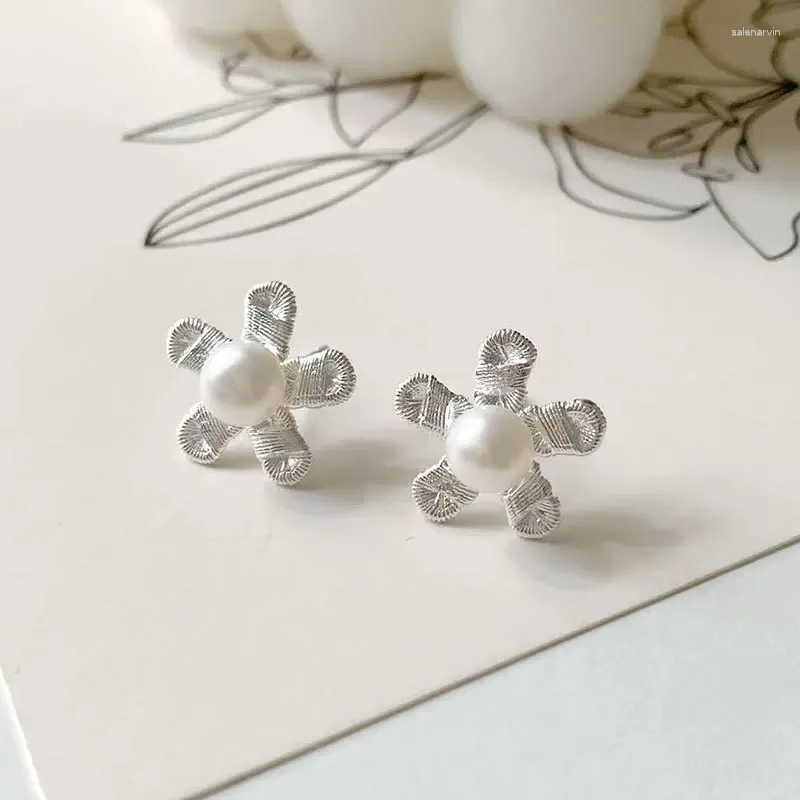 Stud Earrings S925 Sterling Silver Striped Small Flower Pearl Korean Edition Exquisite From Sen Series