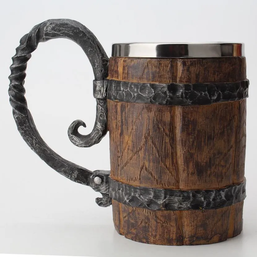 Barril de madeira resina de aço inoxidável 3d caneca de cerveja jogo tankard copo de café canecas de vidro de vinho 650ml tem gift327w