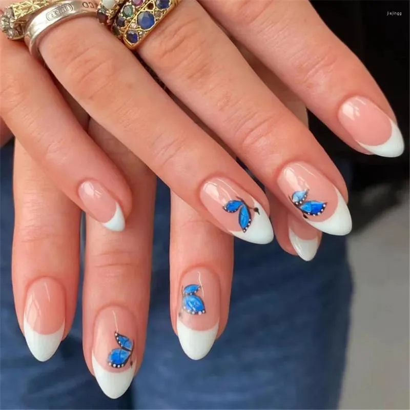 Faux ongles 24 pièces/boîte papillon bleu couverture complète amande presse sur français nu détachable faux ongles conseils avec design