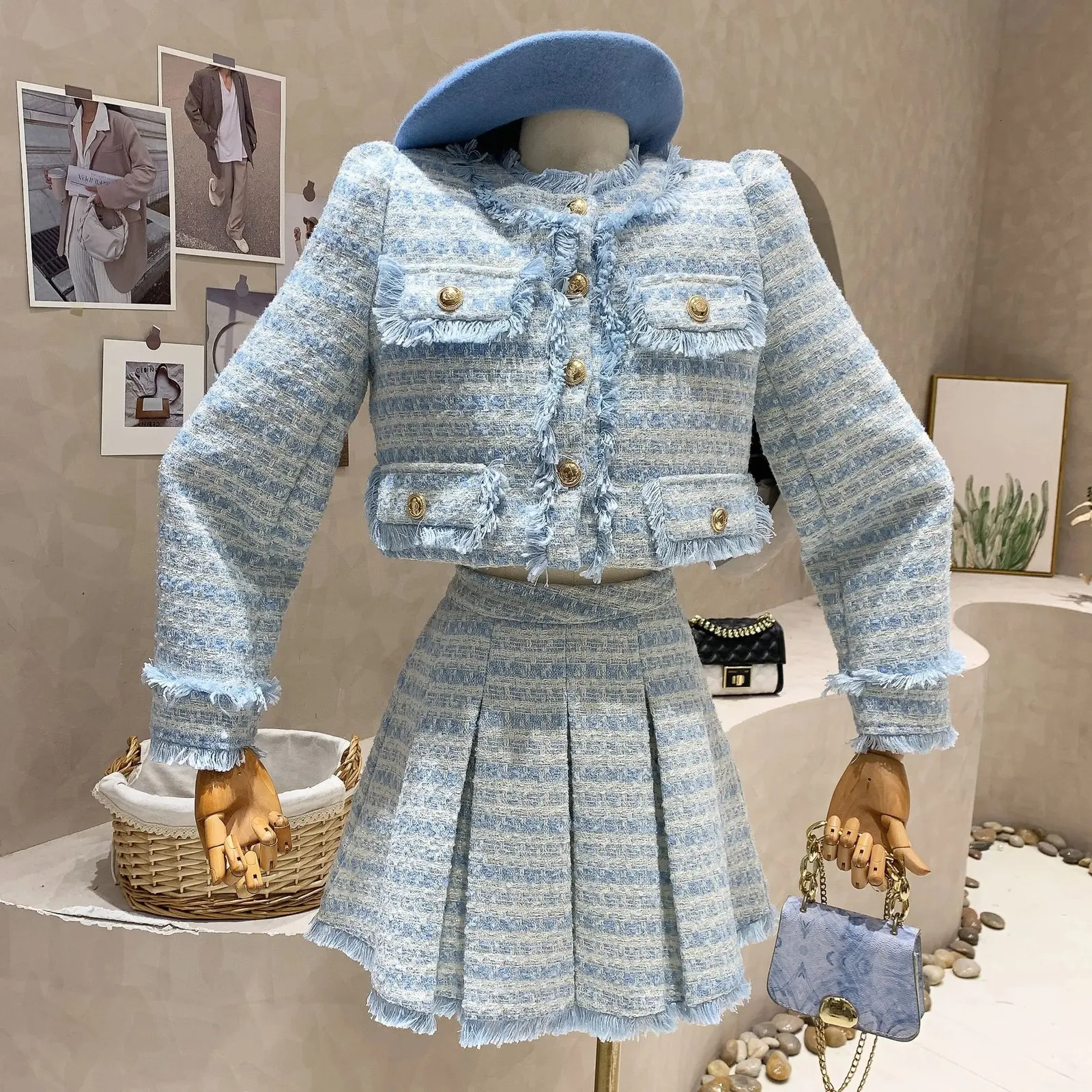 Hoge Kwaliteit Koreaanse Stijl Tweed Pak Vrouwen Herfst Kwastje Jas Korte Jas Taille Mini Plooirok Tweedelige Set Vrouwelijke 240124